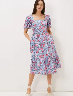 Dresses^Phase Eight Abbiana Cotton Floral Midi Dress Multi-Coloured