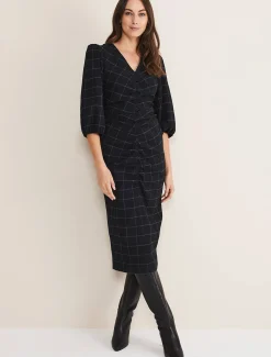 Dresses^Phase Eight Addison Check Ruched Dress Black/Blue