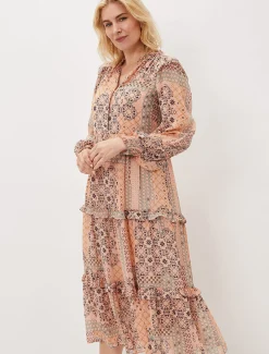 Dresses^Phase Eight Ailsa Geometric Print Chiffon Midi Dress Pink Multi