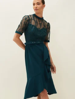 Dresses^Phase Eight Alesia Lace Bodice Belted Dress Dark Teal