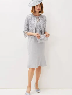 Dresses^Phase Eight Alisha Double Layer Lace Peplum Dress Mineral
