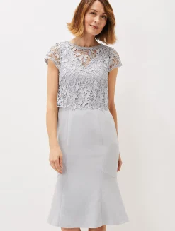Dresses^Phase Eight Alisha Double Layer Lace Peplum Dress Mineral