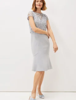 Dresses^Phase Eight Alisha Double Layer Lace Peplum Dress Mineral