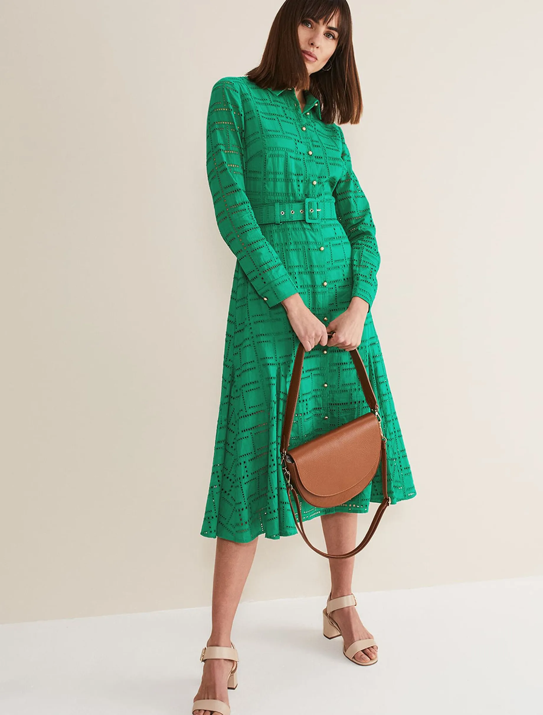 Dresses^Phase Eight Amalie Broderie Shirt Midi Dress Green