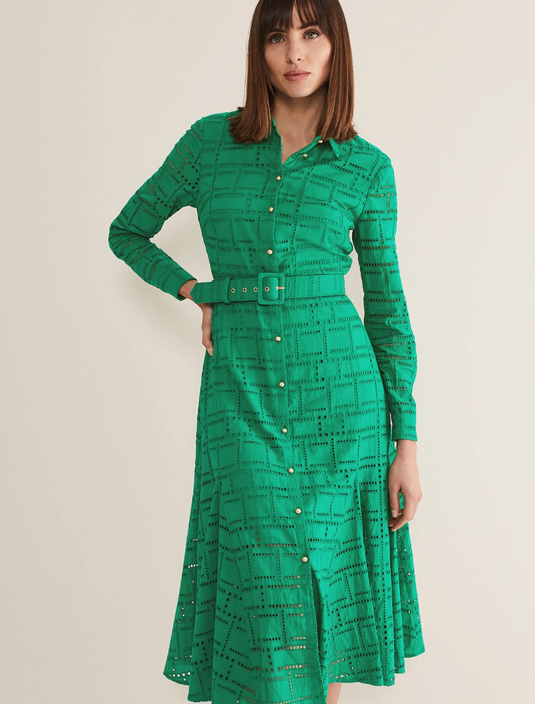 Dresses^Phase Eight Amalie Broderie Shirt Midi Dress Green
