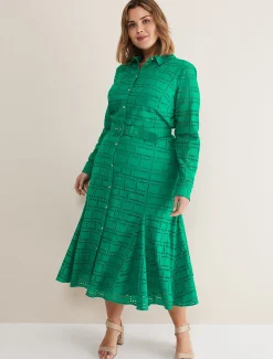Dresses^Phase Eight Amalie Broderie Shirt Midi Dress Green