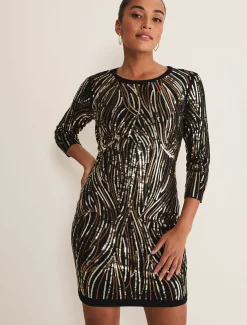 Dresses^Phase Eight Anisa Open Back Sequin Knit Dress Black/Gold
