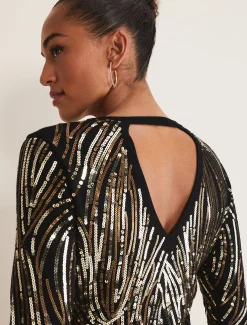 Dresses^Phase Eight Anisa Open Back Sequin Knit Dress Black/Gold