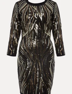 Dresses^Phase Eight Anisa Open Back Sequin Knit Dress Black/Gold