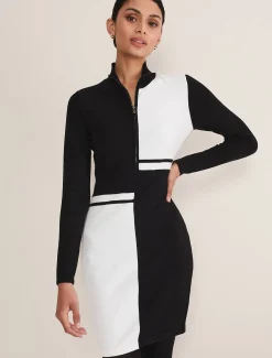 Dresses^Phase Eight Arden Zip Detail Colourblock Knit Tunic Black/Ivory