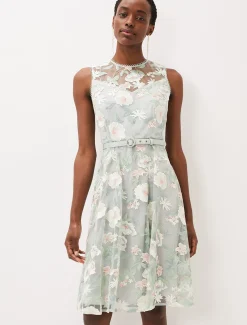 Dresses^Phase Eight Aria Embroidered Fit And Flare Dress Eau De Nil