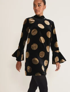 Dresses^Phase Eight Aylin Spot Bell Sleeve Dress Black/Gold