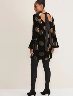 Dresses^Phase Eight Aylin Spot Bell Sleeve Dress Black/Gold