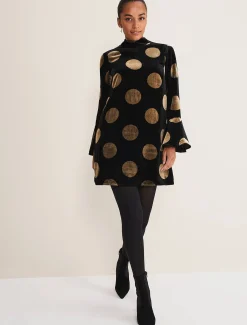 Dresses^Phase Eight Aylin Spot Bell Sleeve Dress Black/Gold