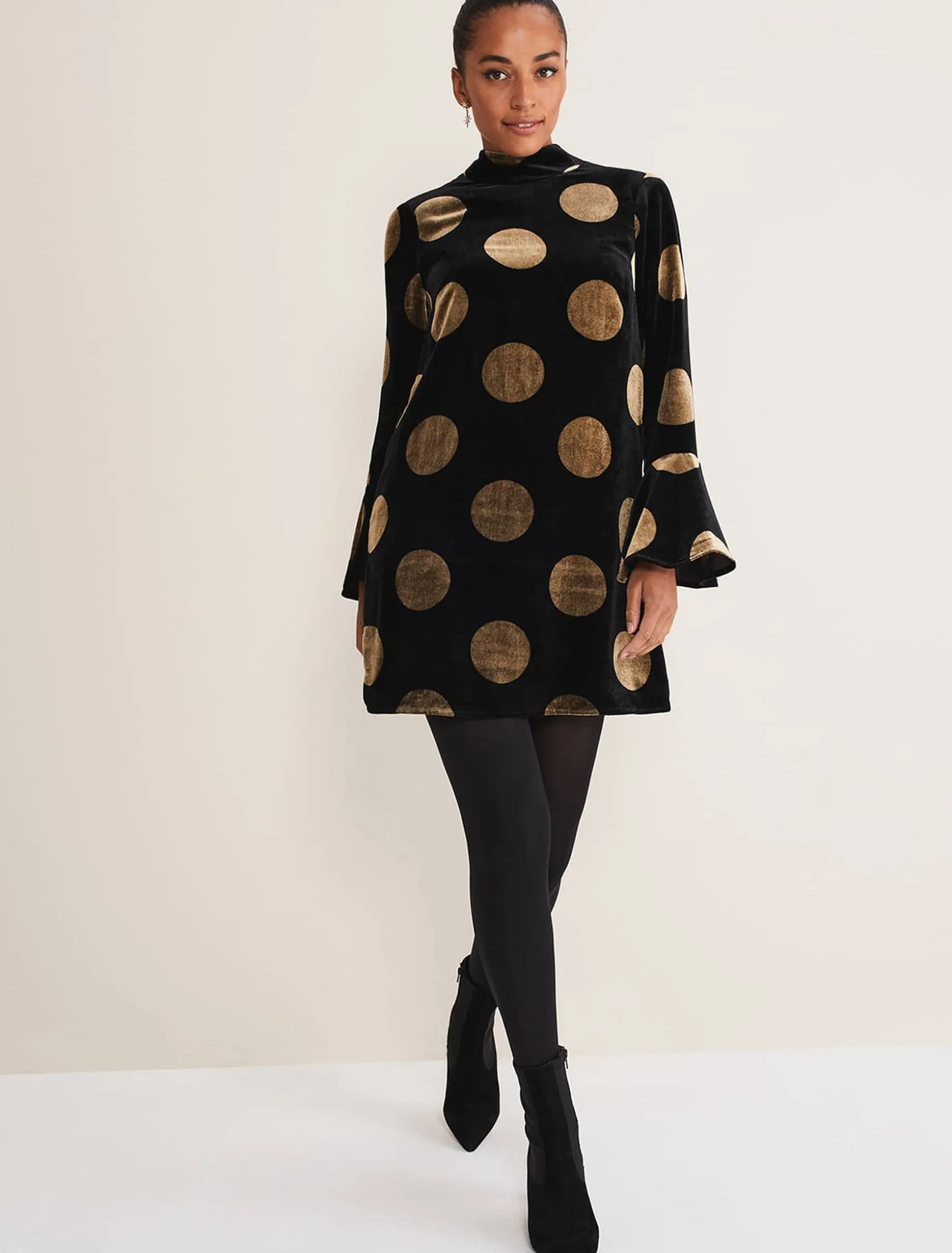 Dresses^Phase Eight Aylin Spot Bell Sleeve Dress Black/Gold
