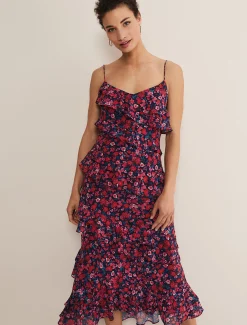Dresses^Phase Eight Ballie Strappy Asymmetric Frill Dress Navy/Multi