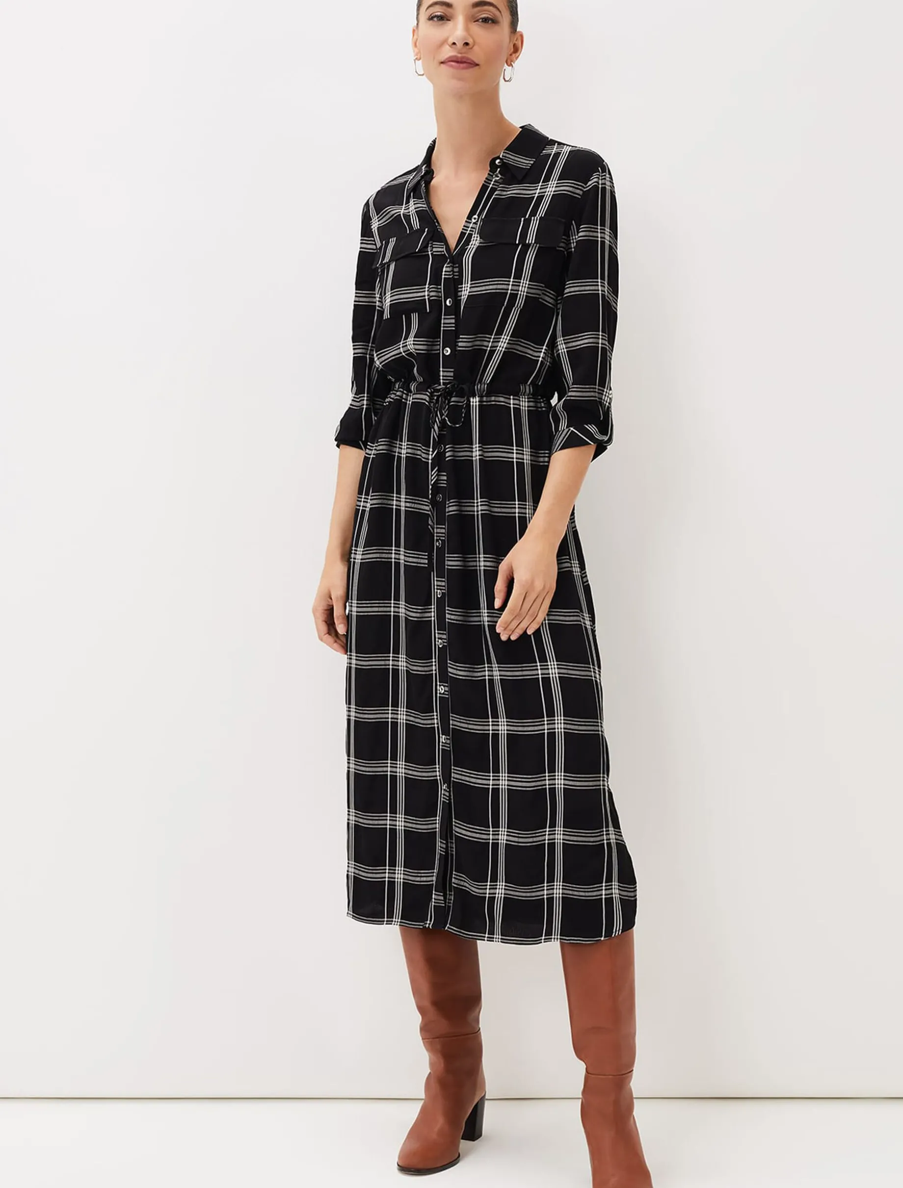 Dresses^Phase Eight Bernadette Check Midi Dress Black/Ivory
