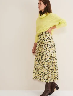 Skirts^Phase Eight Blaire Floral Satin Slip Skirt Yellow