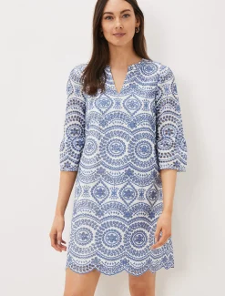 Dresses^Phase Eight Brianne Broderie Shift Dress Blue/White
