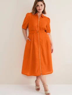 Dresses^Phase Eight Carey Checked Textured Midi Dress Orange