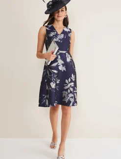 Dresses^Phase Eight Cassy Jaquard Floral Midi Dress Navy/Multi
