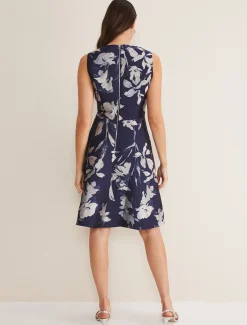 Dresses^Phase Eight Cassy Jaquard Floral Midi Dress Navy/Multi