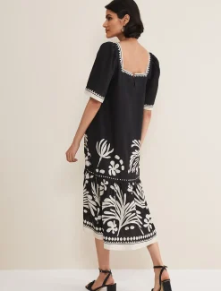 Dresses^Phase Eight Claria Linen Midi Dress Black/Ivory