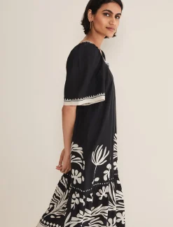 Dresses^Phase Eight Claria Linen Midi Dress Black/Ivory