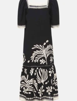 Dresses^Phase Eight Claria Linen Midi Dress Black/Ivory