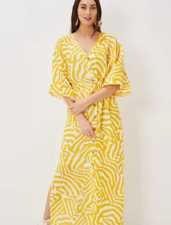 Dresses^Phase Eight Dena Linen Zebra Print Maxi Dress Yellow/White