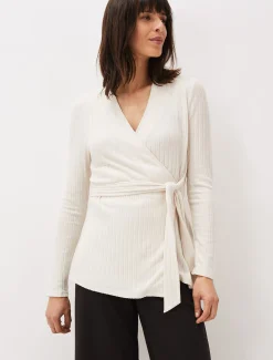 Tops & T-Shirts^Phase Eight Deona Ribbed Wrap Top Cream