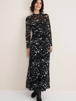 Dresses^Phase Eight Elianna Splatter Long Sleeved Dress Black/Ivory