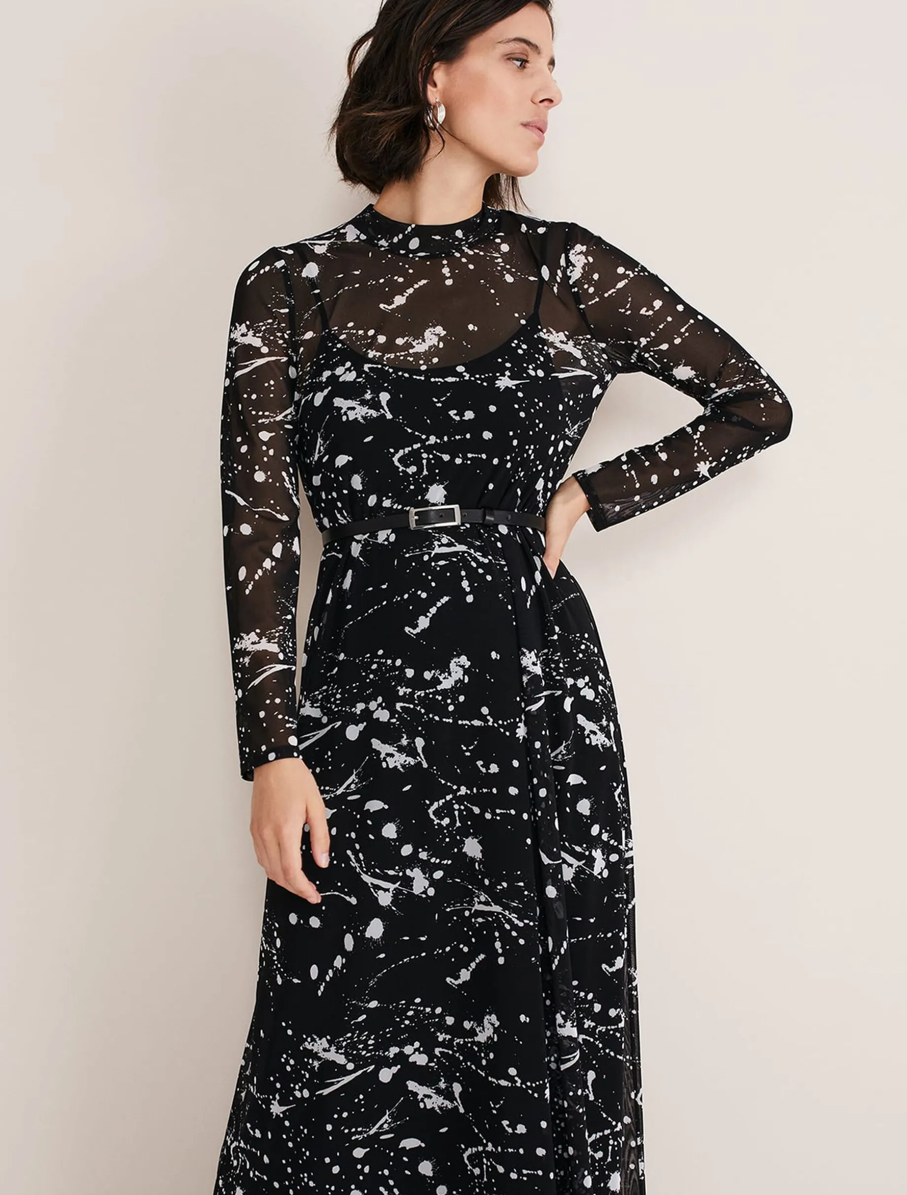 Dresses^Phase Eight Elianna Splatter Long Sleeved Dress Black/Ivory