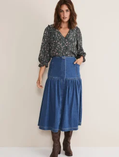Skirts^Phase Eight Elodie Tiered Denim Skirt Mid Wash Blue
