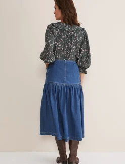 Skirts^Phase Eight Elodie Tiered Denim Skirt Mid Wash Blue