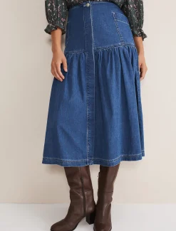 Skirts^Phase Eight Elodie Tiered Denim Skirt Mid Wash Blue