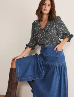 Skirts^Phase Eight Elodie Tiered Denim Skirt Mid Wash Blue