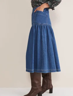 Skirts^Phase Eight Elodie Tiered Denim Skirt Mid Wash Blue