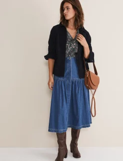 Skirts^Phase Eight Elodie Tiered Denim Skirt Mid Wash Blue