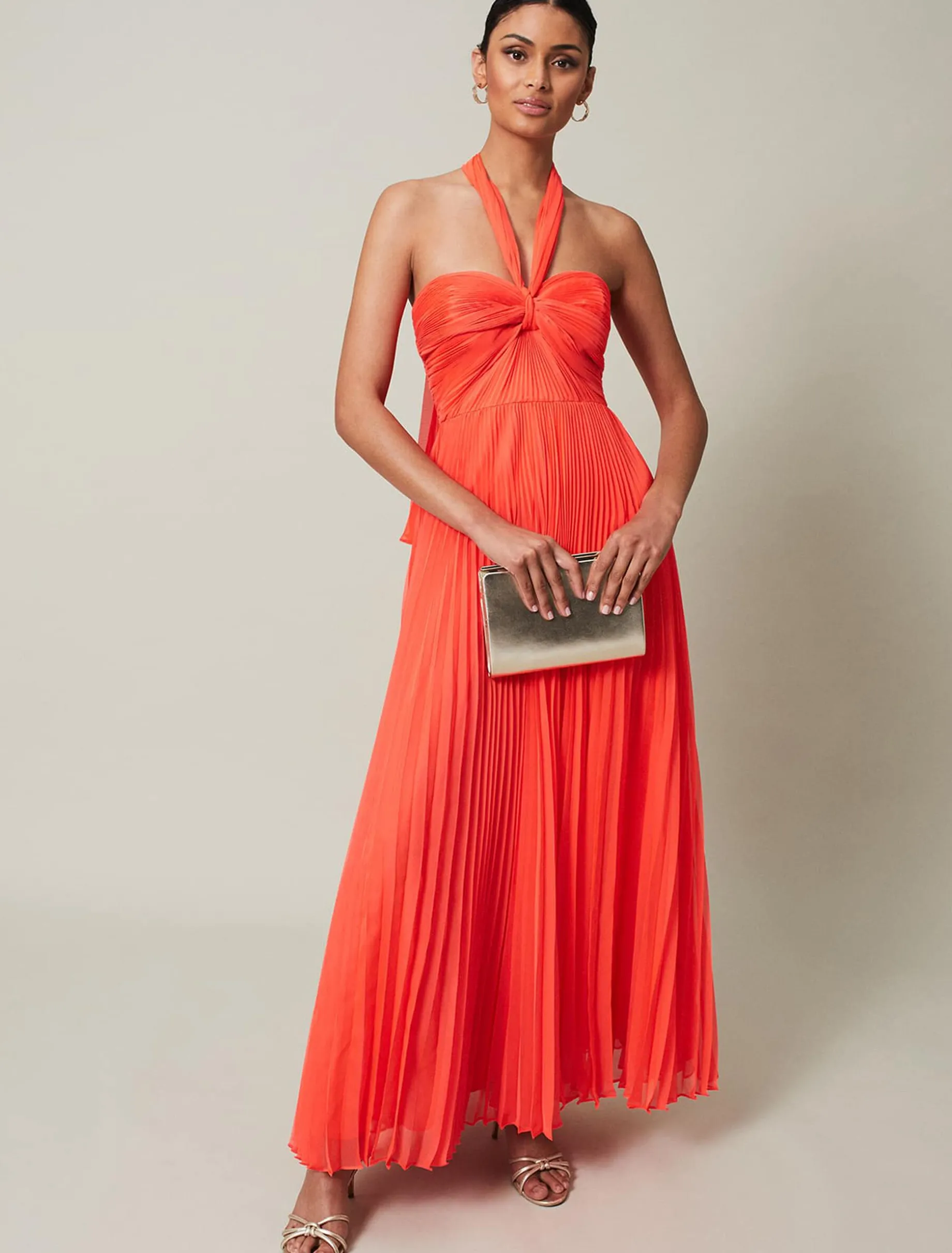 Dresses^Phase Eight Evangeline Pleated Halterneck Maxi Dress Coral