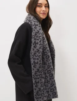 Scarves & Ponchos^Phase Eight Fiona Leopard Print Fluffy Scarf Charcoal