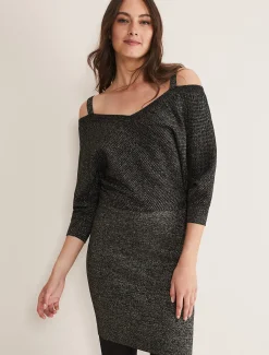 Dresses^Phase Eight Florin Fitted Lurex Column Dress Black/Gold