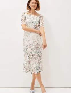 Dresses^Phase Eight Franky Lace Bardot Midi Dress Ivory/Multi