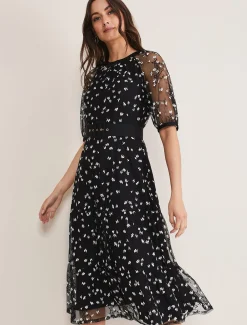 Dresses^Phase Eight Freja Embroidered Dress Black/Ivory