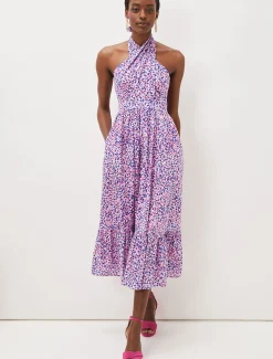 Dresses^Phase Eight Gemmi Cotton Almond Print Halterneck Dress Pink Multi