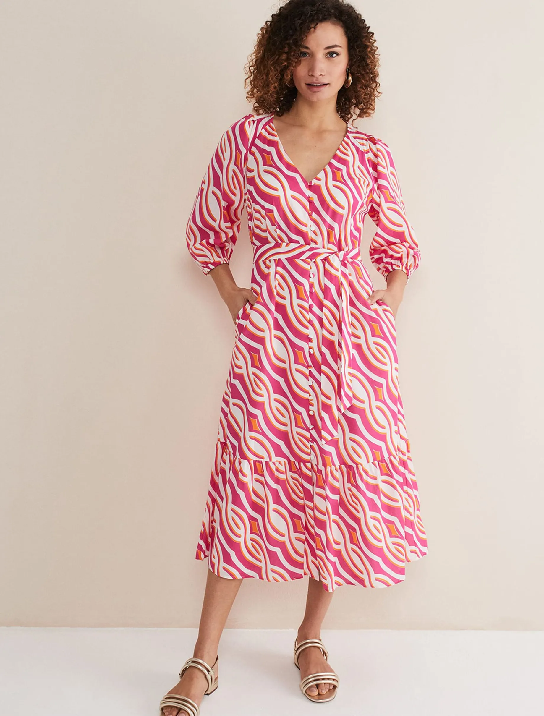 Dresses^Phase Eight Georgie Cotton Geo Midi Dress Pink