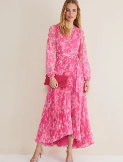 Dresses^Phase Eight Hayley Floral Pleated Maxi Dress Neon Pink