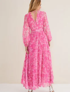 Dresses^Phase Eight Hayley Floral Pleated Maxi Dress Neon Pink