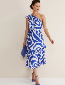 Dresses^Phase Eight Joy One Shoulder Midi Dress Indigo/Ivory