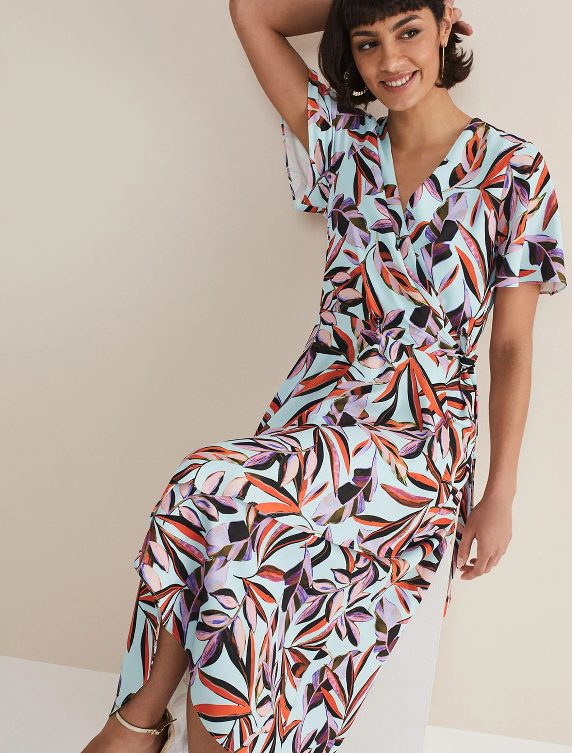 Dresses^Phase Eight Julissa Ruffle Wrap Midi Dress Aqua/Multi